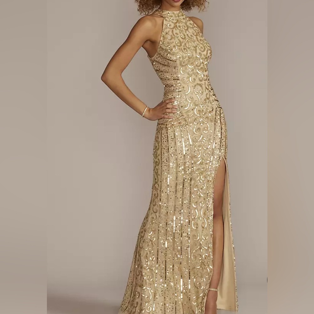Galina Signature Gold Sequin Dress halter